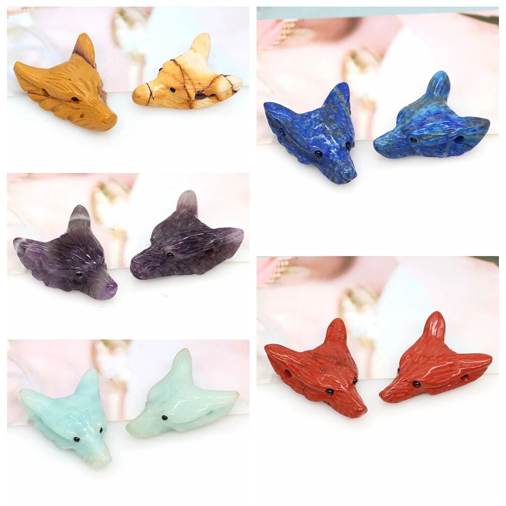 1.4" Wolf Head Pendant Natural Stone Accessories DIY Handcrafts Healing Crystal Carved Animal Statue Jewelry Necklace Craft Gift