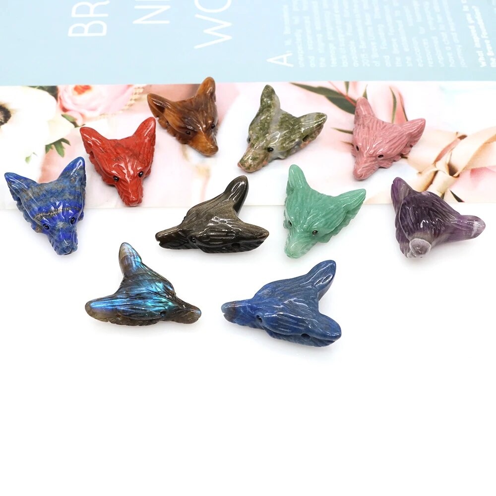 1.4" Wolf Head Pendant Natural Stone Accessories DIY Handcrafts Healing Crystal Carved Animal Statue Jewelry Necklace Craft Gift