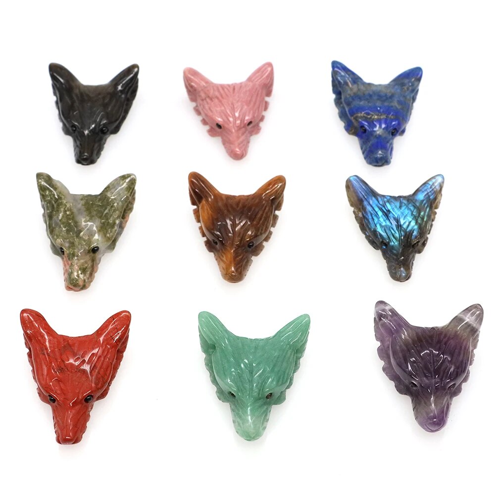 1.4" Wolf Head Pendant Natural Stone Accessories DIY Handcrafts Healing Crystal Carved Animal Statue Jewelry Necklace Craft Gift