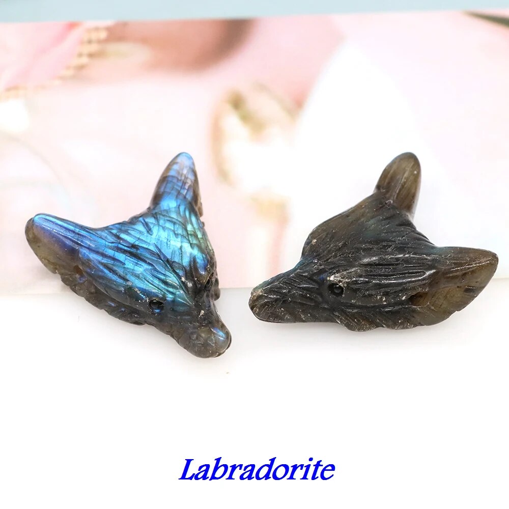 1.4" Wolf Head Pendant Natural Stone Accessories DIY Handcrafts Healing Crystal Carved Animal Statue Jewelry Necklace Craft Gift