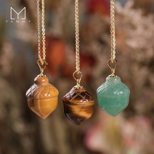 Yammy Crystal Acorn Necklace,Hand Carved Stone Acorn Pendant Gold Chain Necklace,Healing Meditation Energy Pendant Necklace