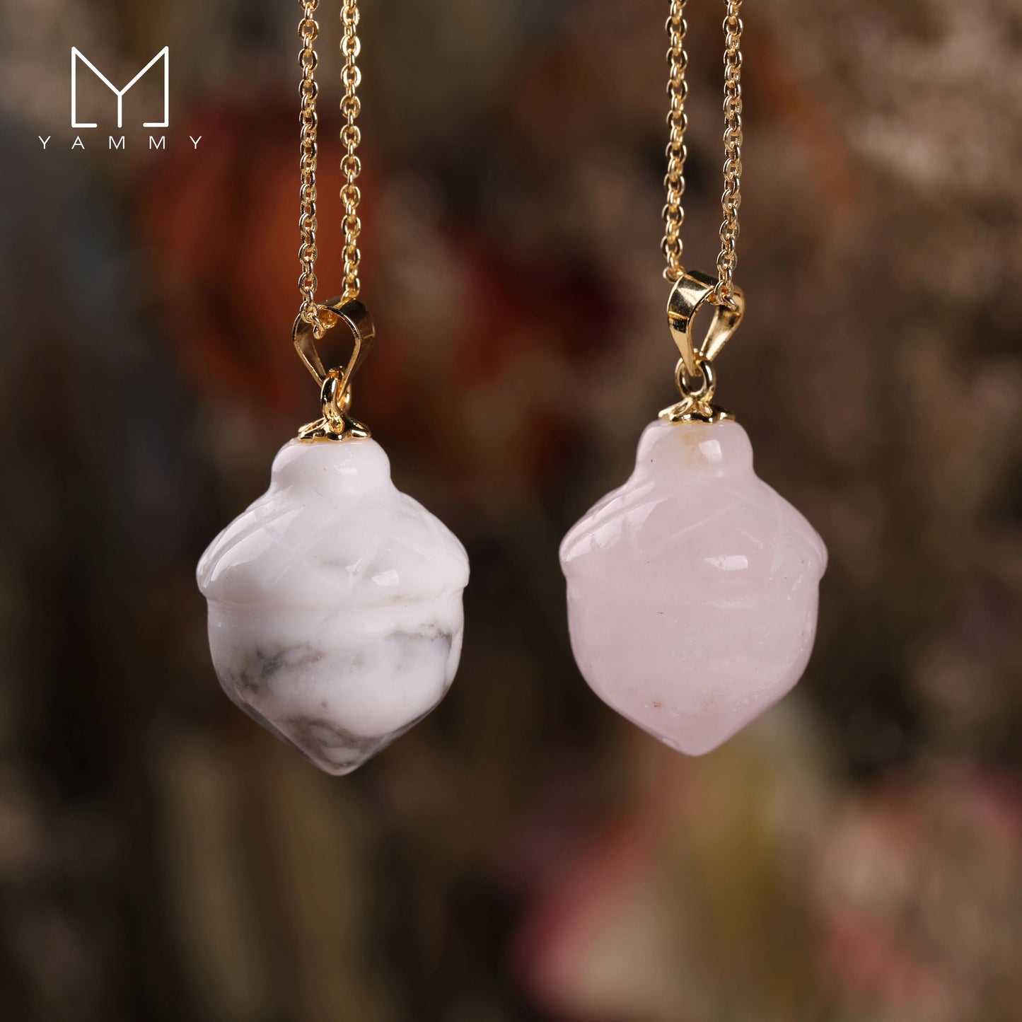 Yammy Crystal Acorn Necklace,Hand Carved Stone Acorn Pendant Gold Chain Necklace,Healing Meditation Energy Pendant Necklace