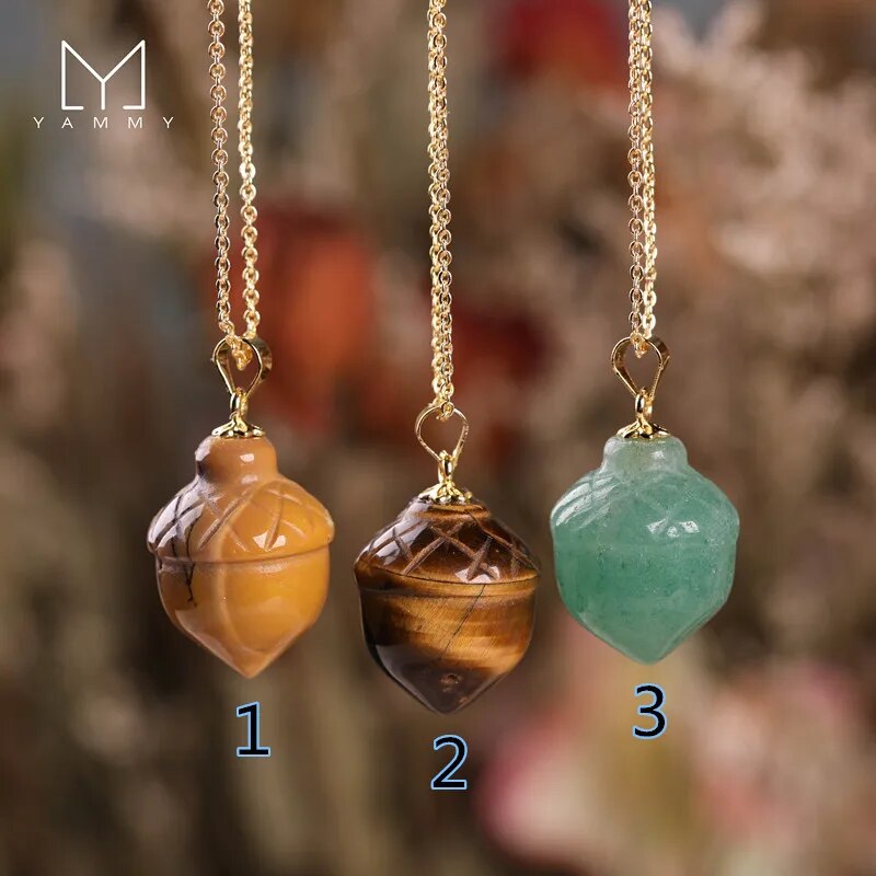 Yammy Crystal Acorn Necklace,Hand Carved Stone Acorn Pendant Gold Chain Necklace,Healing Meditation Energy Pendant Necklace