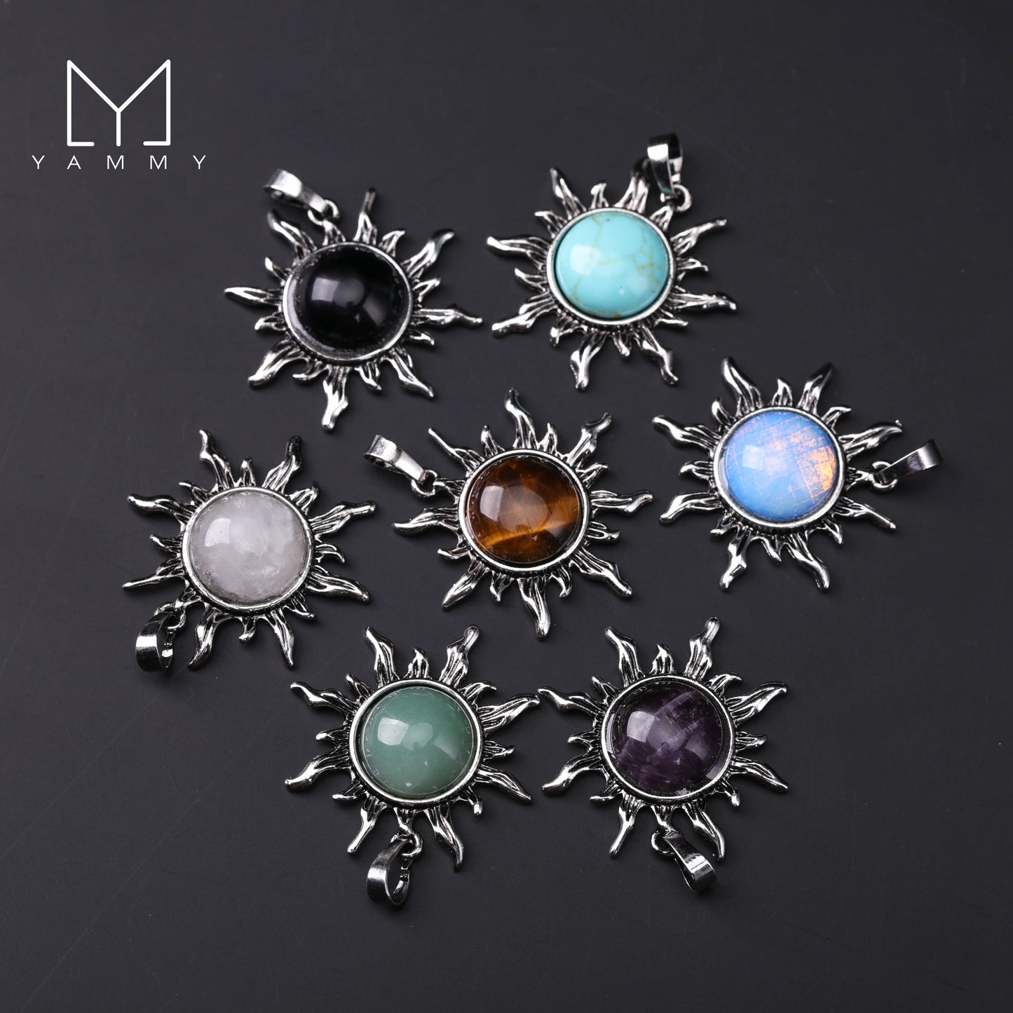 Yammy Sun Shape Pendant Natural Amethyst White Crystal Pendants Necklace,Retro Style Tiger Stone Opal Women Jewelry
