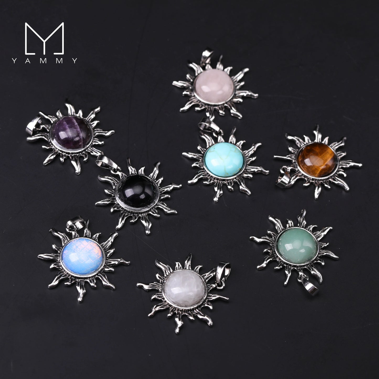 Yammy Sun Shape Pendant Natural Amethyst White Crystal Pendants Necklace,Retro Style Tiger Stone Opal Women Jewelry