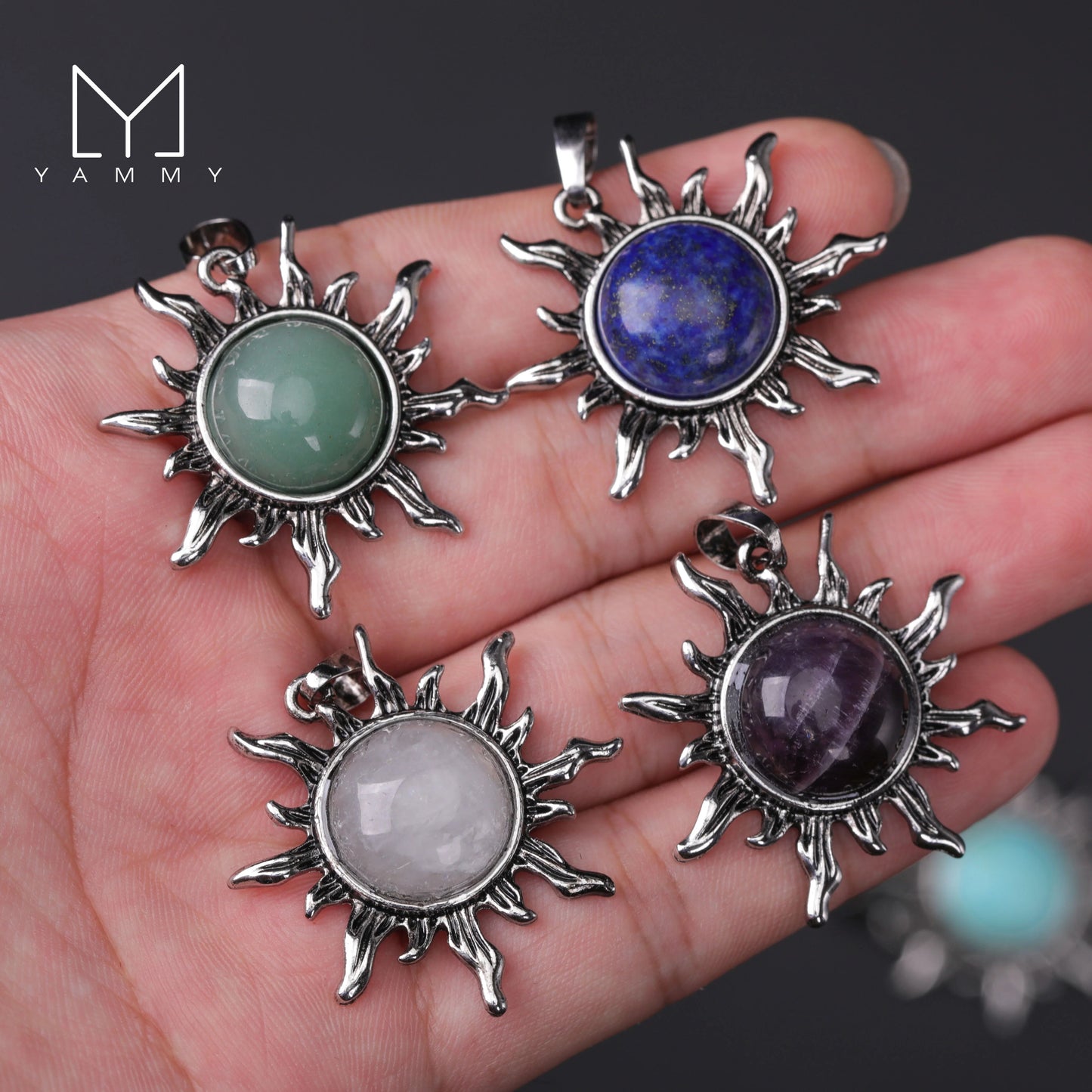 Yammy Sun Shape Pendant Natural Amethyst White Crystal Pendants Necklace,Retro Style Tiger Stone Opal Women Jewelry