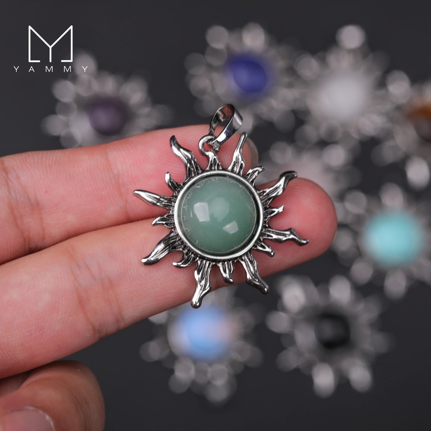 Yammy Sun Shape Pendant Natural Amethyst White Crystal Pendants Necklace,Retro Style Tiger Stone Opal Women Jewelry