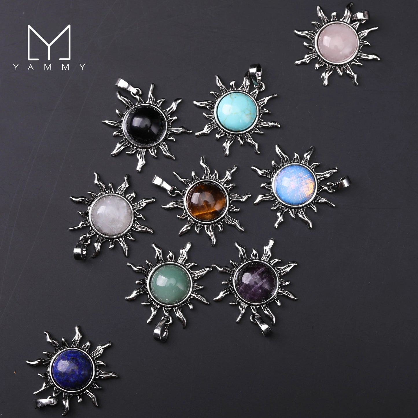 Yammy Sun Shape Pendant Natural Amethyst White Crystal Pendants Necklace,Retro Style Tiger Stone Opal Women Jewelry