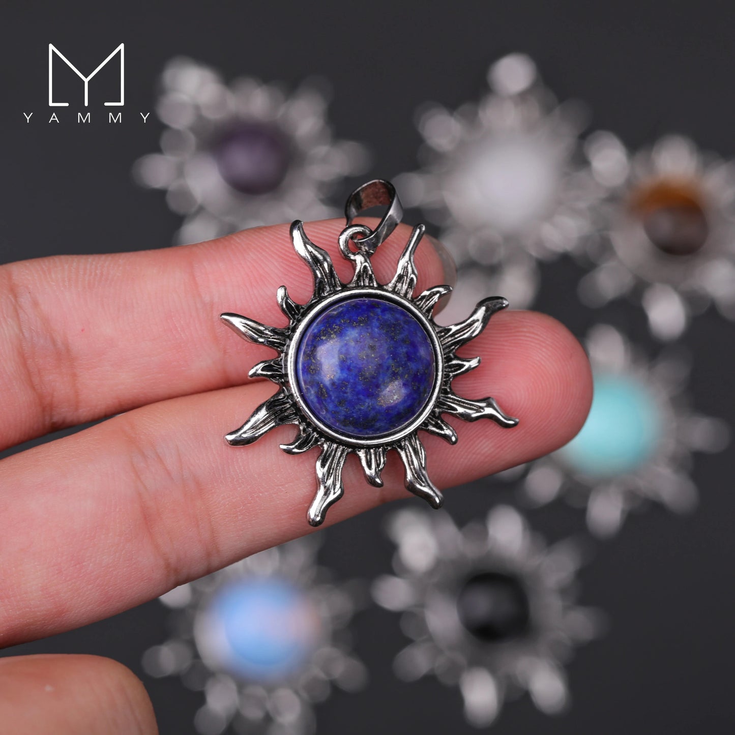 Yammy Sun Shape Pendant Natural Amethyst White Crystal Pendants Necklace,Retro Style Tiger Stone Opal Women Jewelry