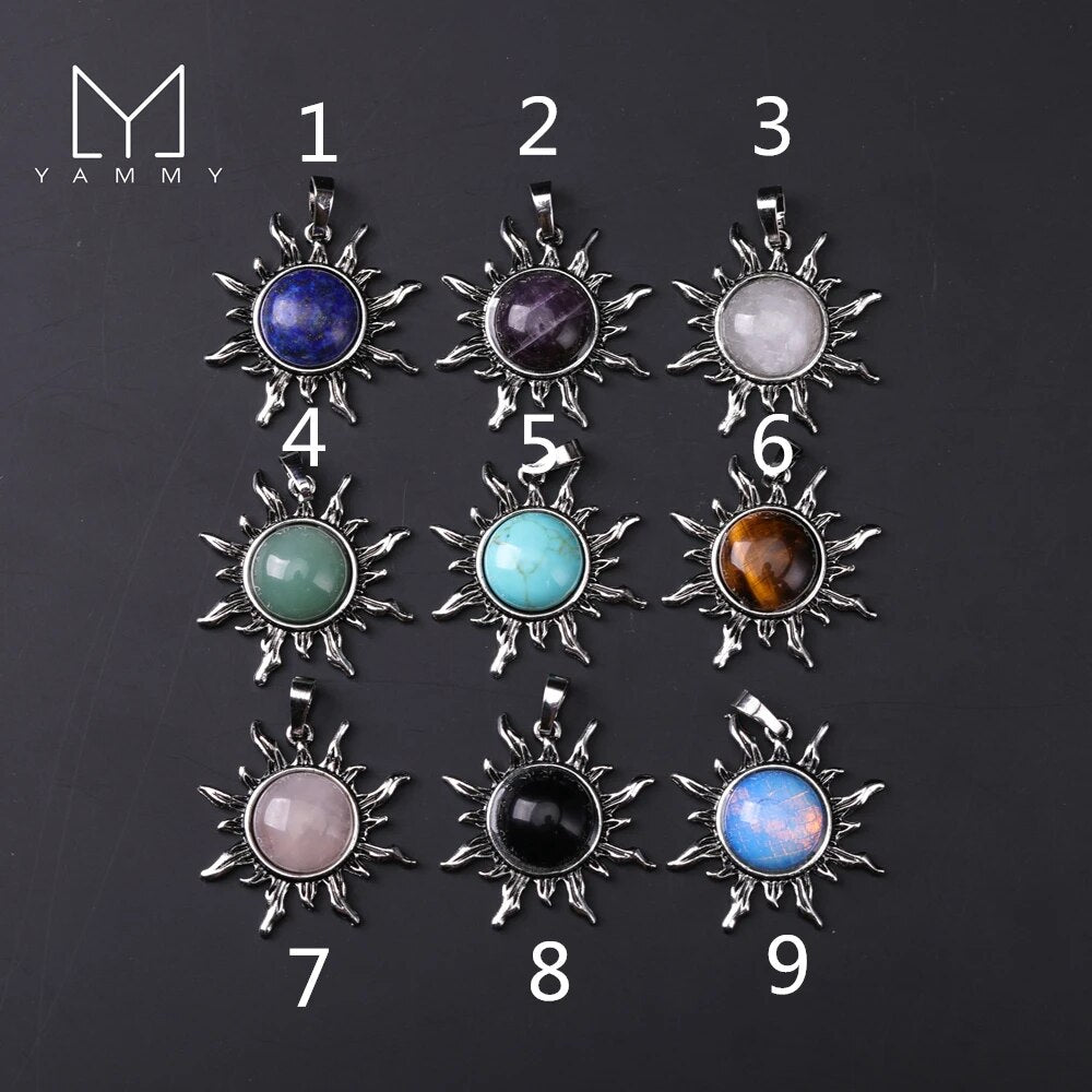 Yammy Sun Shape Pendant Natural Amethyst White Crystal Pendants Necklace,Retro Style Tiger Stone Opal Women Jewelry