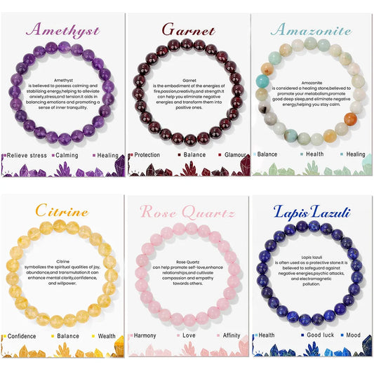 Healing Crystal Stone Bracelets With Card Natural Amethysts Lapis Lazuli Rose Quartzs 8mm Beads Bracelets For Women Men Jewelry