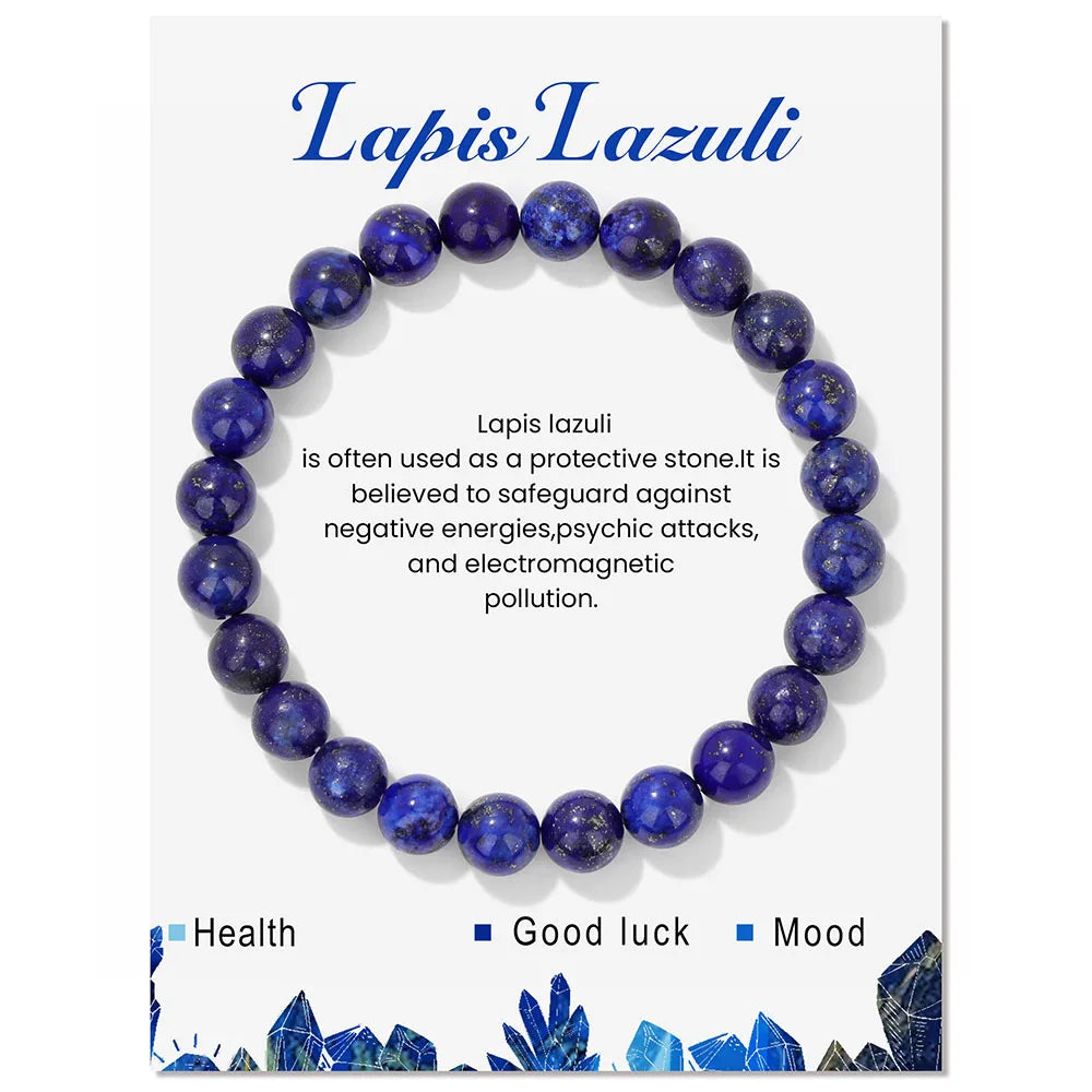 Healing Crystal Stone Bracelets With Card Natural Amethysts Lapis Lazuli Rose Quartzs 8mm Beads Bracelets For Women Men Jewelry